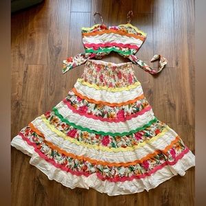 EUC Farm Rio Multicolor Ricrac Crop Top Skirt Matching Set XL/L